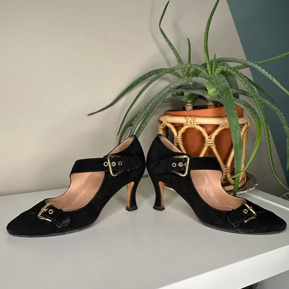 Anyi Lu Black Suede Heels 37 | Mary Jane Pumps with Gold Buckles | Made in Italy - Picture 4 of 13